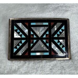 Zuni NM Sterling Silver Inlay Belt Buckle by Leander and Lisa Othole‎ 2" x 3" in